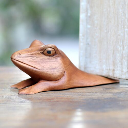 Hand Carved Wood Frog Door Stop, 'Fanciful Frog'