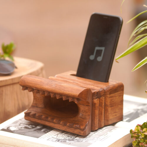 Hand Carved Wood Phone Speakers from Bali, 'Echo Within'