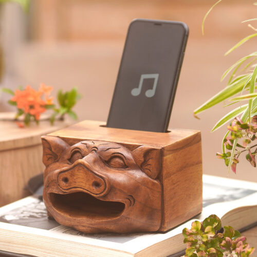 Hand Carved Wood Phone Speakers with Pig Motif, 'Sing Your Life'