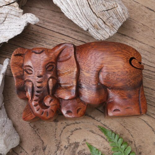 Hand Carved Wood Puzzle Box Elephant Shape from Indonesia, 'Staring Elephant'