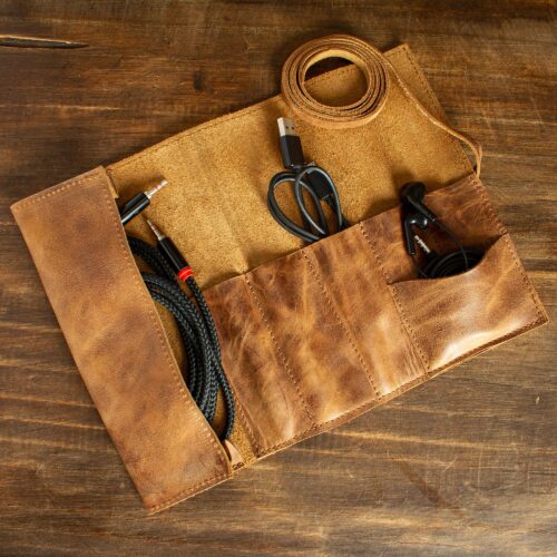 Hand Crafted Genuine Brown Leather Pen and Cable Organizer, 'Saddle Tech'