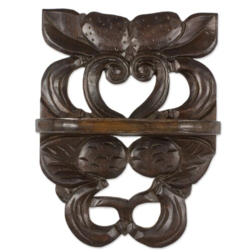 Hand Crafted PInewood Wall Shelf with Fruit Motif, 'Strawberries and Peaches'