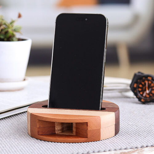 Hand Crafted Round Wood Smartphone Speaker, 'Lively Sound'