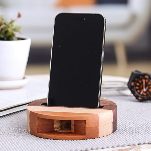 Hand Crafted Round Wood Smartphone Speaker, 'Lively Sound'