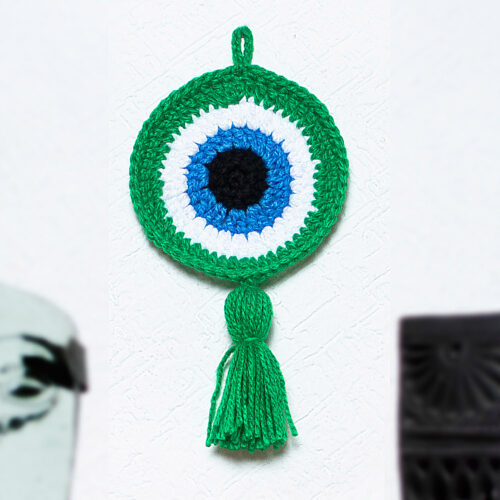 Hand Crocheted Evil Eye Accent, 'See No Evil in Green'
