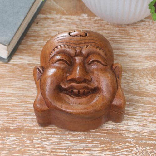 Hand Made Suar Wood Puzzle Box, 'Laughing Buddha'
