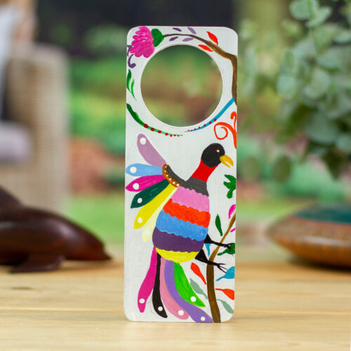 Hand-Painted Alebrije Quetzal Bird-Themed Wood Door Hanger, 'Quetzal Rainbow'