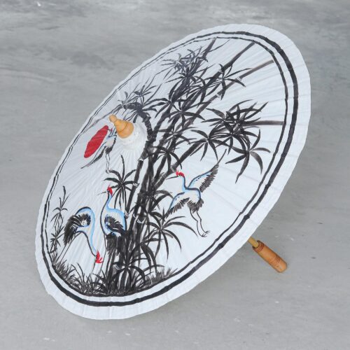 Hand-Painted Cotton and Bamboo Parasol, 'Peaceful Cranes'