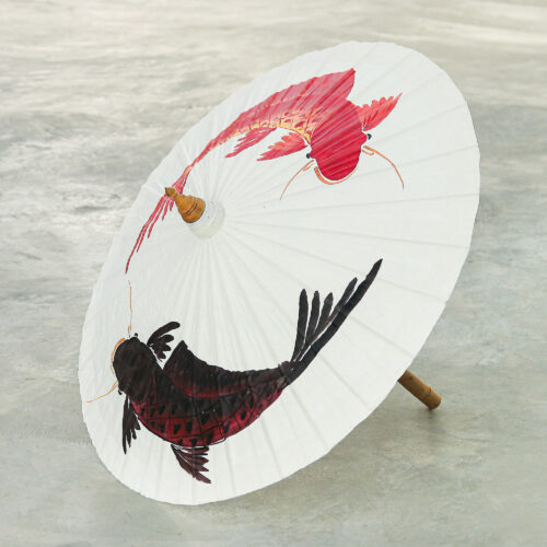 Hand-Painted Cotton and Bamboo Thai Parasol with Fish Motif, 'Charming Couple'
