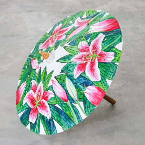Hand-Painted Lily-Themed Cotton and Bamboo Parasol, 'Lily Days'