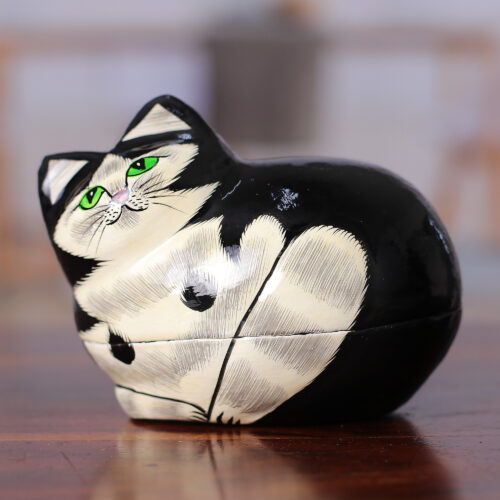 Hand-Painted Papier Mache Cat Decorative Box from India, 'Majestic Cat'