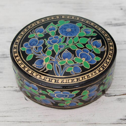 Hand Painted Papier Mache Round Decorative Box, 'Blue Grandeur'
