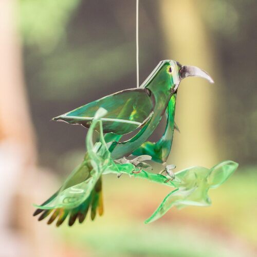 Hand-Painted Recycled Plastic Mobile of a Green Hummingbird, 'Magical Fauna'