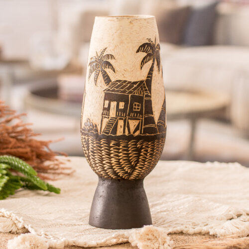 Handcrafted Dried Gourd Caribbean Town Decorative Accent, 'Caribbean Landscape'