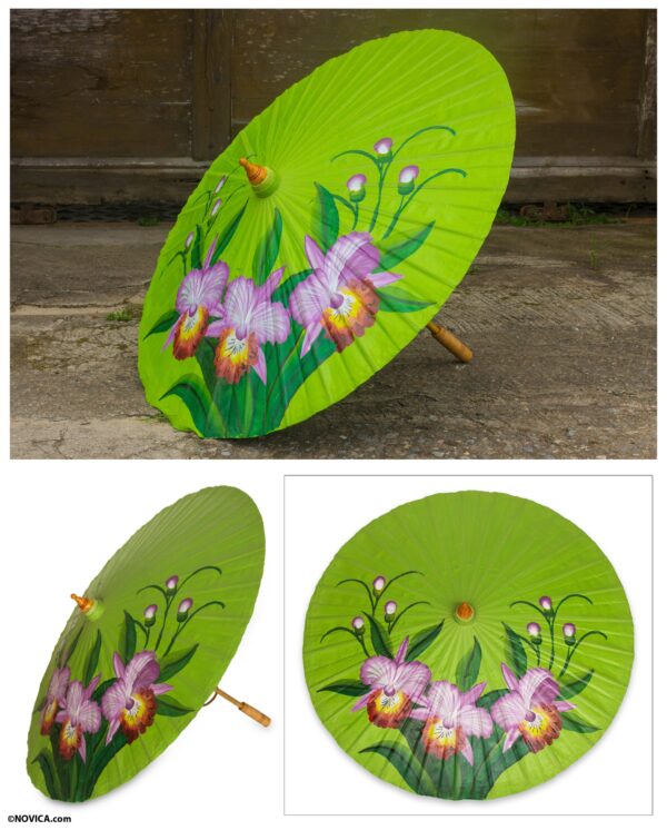 Handcrafted Saa Paper Parasol with Cattleya Orchids, 'Cattleya Orchids' Handcrafted Saa Paper Parasol with Cattleya Orchids, 'Cattleya Orchids'