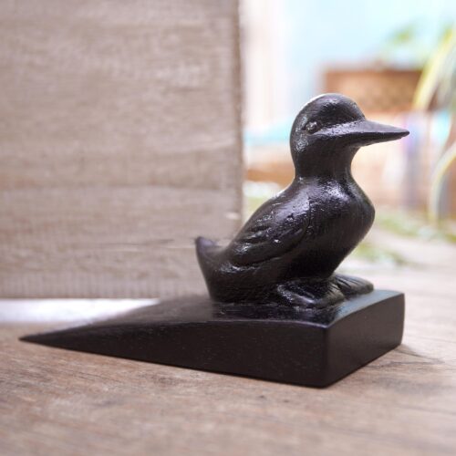 Handcrafted Suar Wood Duck Doorstop in Black from Bali, 'Helpful Duck in Black'