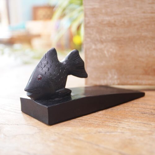 Handcrafted Suar Wood Fish Doorstop in Black from Bali, 'Helpful Goldfish in Black'