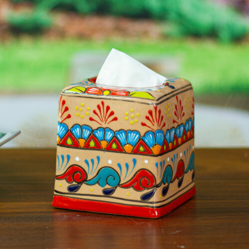 Handcrafted Talavera Floral Ceramic Tissue Box Cover, 'Spring Convenience'