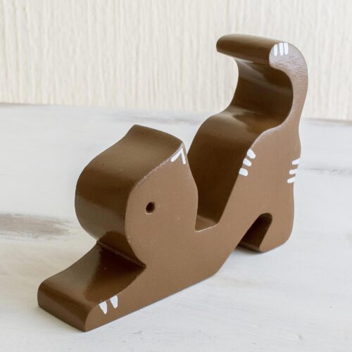 Handmade Cedar Wood Cat Phone Holder, 'Stretching Cat in Brown'