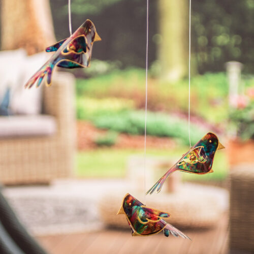 Handmade Recycled Plastic Mobile with Three Vibrant Birds, 'Enchanted Flight'