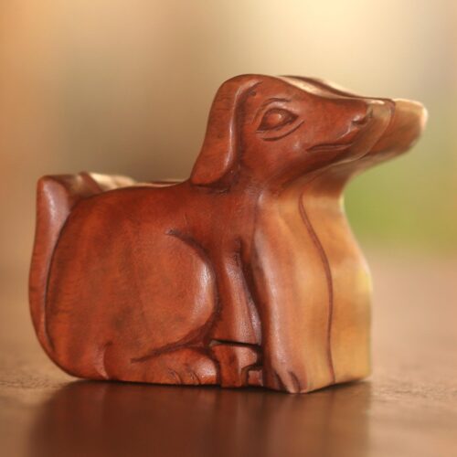Handmade Suar Wood Dog Puzzle Box from Bali, 'Playful Dog'