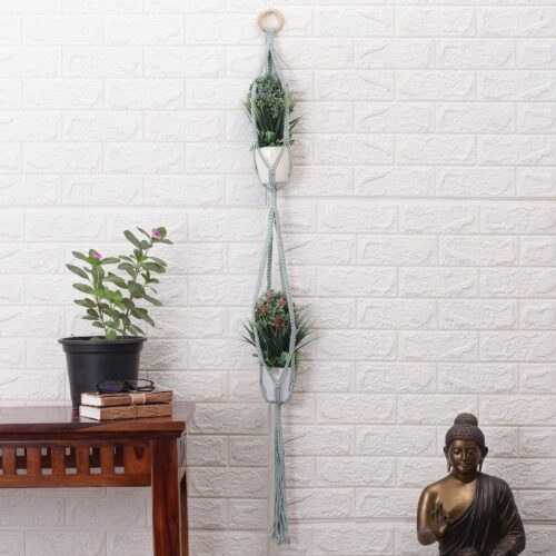 Handwoven Blue Macrame Cotton Hanging Planter with Wood Ring, 'Blue Element'