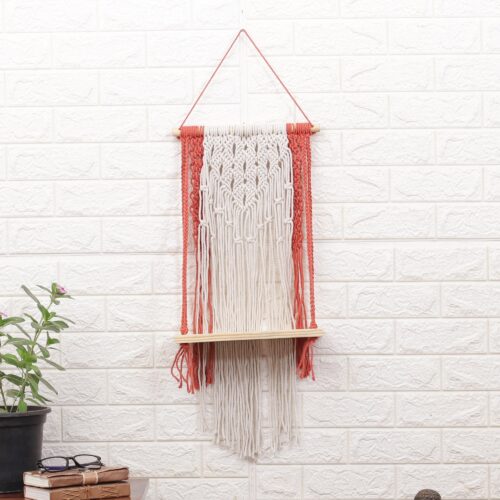 Handwoven Red and Ivory Cotton Macrame Hanging Shelf, 'Audacious Swing'