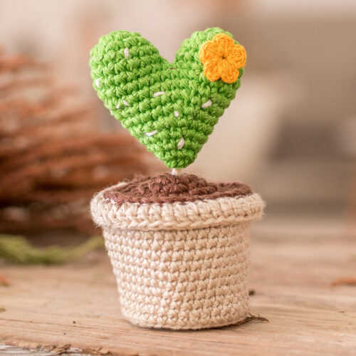 Heart-Shaped Floral Cactus Crocheted Cotton Home Accent, 'Love Cactus'