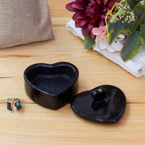 Heart-Themed Carved Black Marble Decorative Jewelry Box, 'My Heart is Yours'
