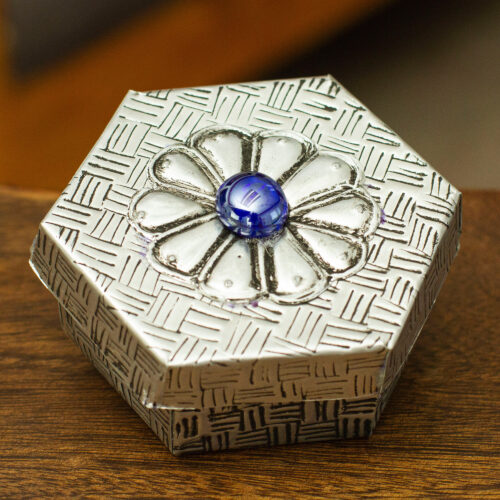 Hexagonal Aluminum Decorative Box with Flower from Mexico, 'Hexagonal Blue'