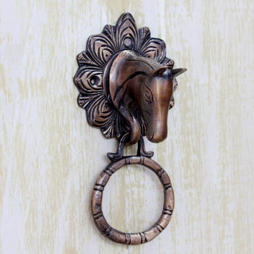 Horse Door Knocker Copper Plated Brass with Antique Look, 'Horse Arrival'