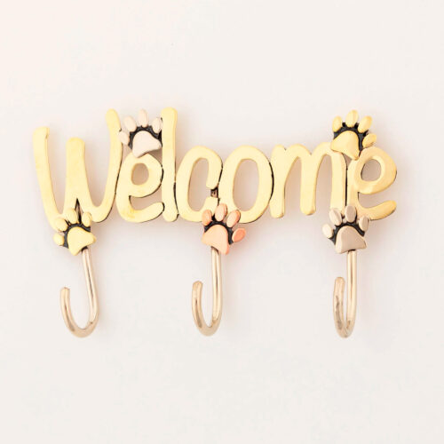 Metal Paw Print Welcome Wall Sign with Hooks, 'Paw Print Welcome'