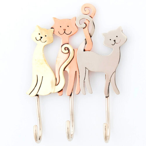 Mixed Metal Cat Trio Wall Hook from Mexico, 'Cat Trio'