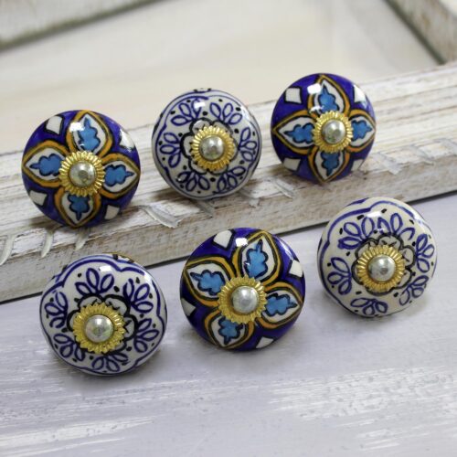 Multicolored Floral Ceramic Knobs from India (Set of 6), 'Royal Garden'