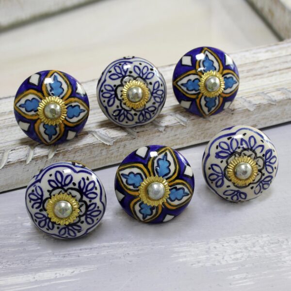 Multicolored Floral Ceramic Knobs from India (Set of 6), 'Royal Garden'