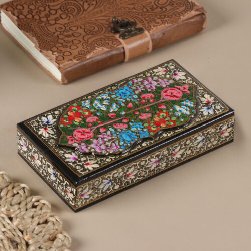 Papier Mache Wood Decorative Box Hand-Painted in India, 'Black Kashmir Treasures'