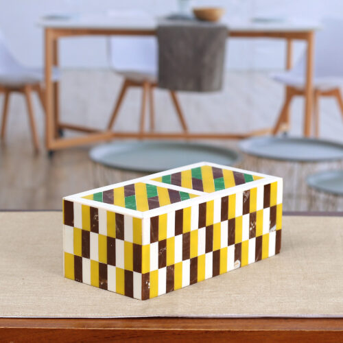Patterned Yellow and Brown Resin Decorative Box from India, 'Checkered Creativity'