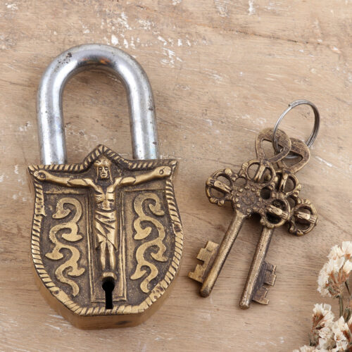 Religious Brass Lock and Key Set Crafted in India (3 Pieces), 'Faith Secret'
