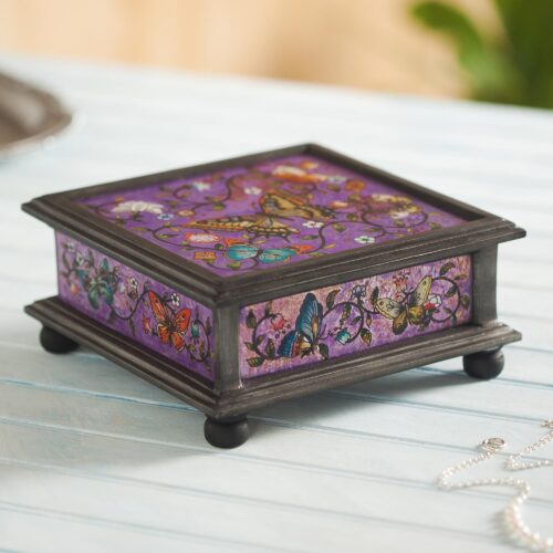 Reverse Painted Glass Decorative Box with Butterflies, 'Purple Winter Butterflies'
