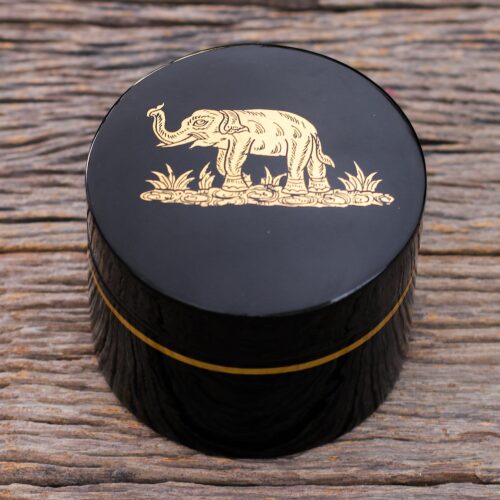 Round Lacquerware Box with Elephant Motif, 'Elephant Play'