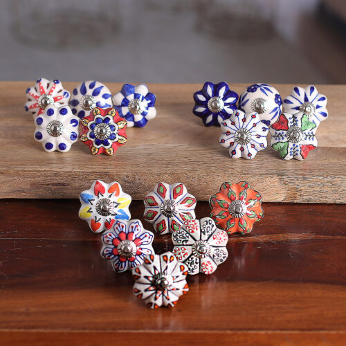 Set of 16 Floral Patterned Multicolor Ceramic Knobs, 'Assorted Splendor'