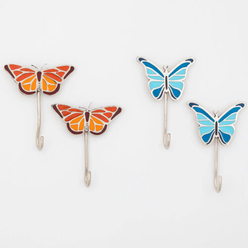 Set of 2 Hand Painted Metal and Resin Butterfly Wall Hooks, 'Butterfly'