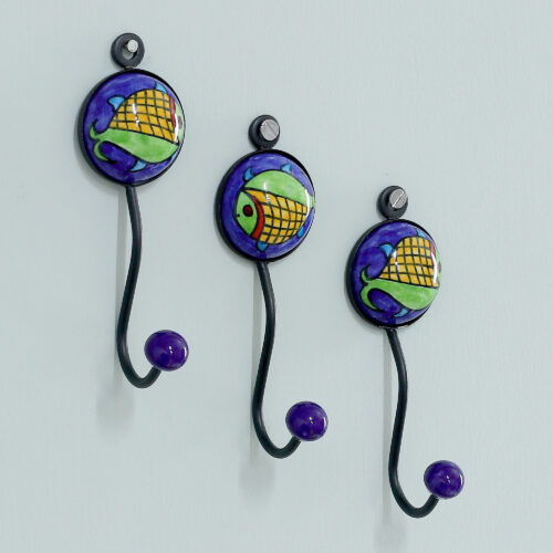 Set of 3 Ceramic Coat Hooks with Hand-Painted Fish Motifs, 'Fish Fantasy'