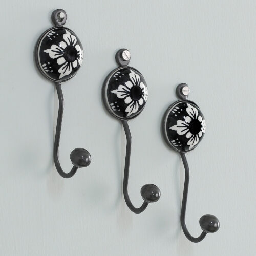 Set of 3 Ceramic Coat Hooks with Hand-Painted Floral Accents, 'Floral Midnight'