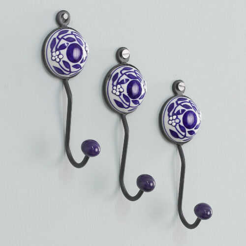 Set of 3 Hand-Painted Ceramic Floral and Leaf Coat Hooks, 'Blue Appeal'