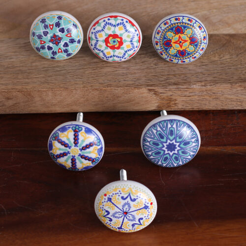 Set of 6 Ceramic Knobs Hand-Painted in Moroccan Tile-Style, 'Moroccan Fantasy'
