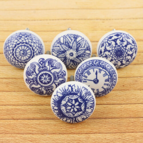 Set of 6 Handcrafted Blue Ceramic Knobs with Unique Patterns, 'Blue Imagination'