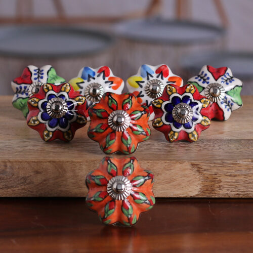 Set of 8 Floral Multicolor Ceramic Knobs from India, 'Vibrant Utopia'