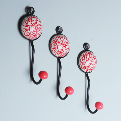 Set of Three Floral Red Ceramic and Brass Coat Hooks, 'Floral Muse in Red'