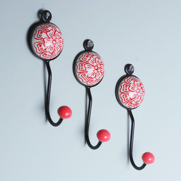 Set of Three Floral Red Ceramic and Brass Coat Hooks, 'Floral Muse in Red'